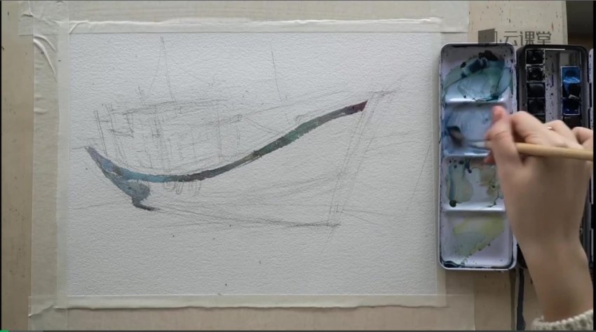 18节水彩风景教程：丛林猫沙滩列车